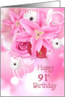 91st birthday with pink lily bouquet card