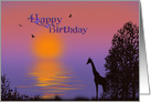 Birthday giraffe and tree silhouetted against ocean sunrise card