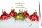 Happy Holidays-red and green ornaments in snow with snowflake card