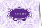 Thank You in oval frame on purple and white damask pattern card