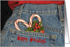 Happy Holidays, candy cane, blue jeans, holly, love card