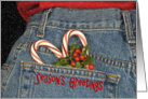 Season’s Greetings, candy cane, blue jeans, holly, love card