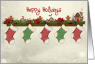 Happy Holidays, Christmas, stocking, poinsettia, gingerbread house card