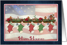 Happy Holidays-military Christmas stocking on mantelpiece and flag card