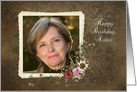 Sister’s birthday photo card with vintage bouquet on damask card