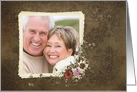 Anniversary photo card with floral bouquet on brown damask background card