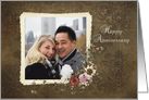 Anniversary photo card with floral frame on damask background card