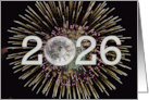 New Year 2026 Clock in Full Moon with Fireworks on Black card