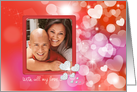 Valentine photo card with red frame, bokeh hearts and sparkles card