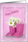 sister, birthday, gingham, boot, daisy, bouquet card