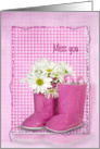 Miss You, gingham, boot, daisy, bouquet card