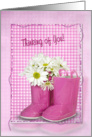 Thinking of You, gingham, boot, daisy, bouquet card