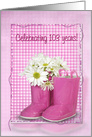 103rd birthday, pink boots with daisy bouquet on checked background card