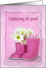 95th birthday, boots, daisy, gingham, birthday, pink card
