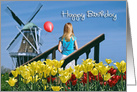 Birthday, Dutch windmill with tulips and girl with balloon card