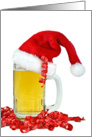 Christmas Santa hat on a mug of beer with curly ribbon card