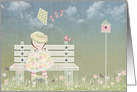 Birthday, cute girl on bench with bird and kite card