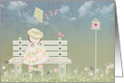 Miss You, cute girl on bench with bird and kite card
