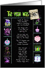 Birthday in 1967 fun trivia facts with party elements on black card