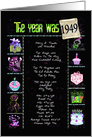 Birthday in 1949 fun trivia with party elements on black card