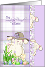 Easter for Friend, cute bunny with colored eggs on plaid background card