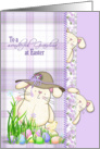 Easter for Grandma with cute bunnies and colored eggs on plaid card