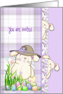 Easter egg hunt party invitation with bunnies and eggs in grass card