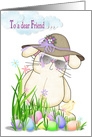 Easter for friend, bunny wearing hat with colored eggs and chick card