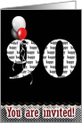 90th Birthday invitation balloon bouquet on black with border card