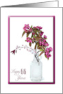 66th Birthday crab apple bouquet in vintage bottle on white card