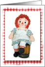 rag doll on barrel with gingham frame for thank you card