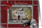 Christmas for friend with Victorian house and old car card