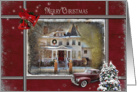 Christmas with Victorian house and old car card