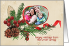 from family photo card with red ribbon frame and pine card