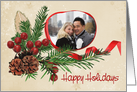 Happy Holidays photo card for parents with red ribbon frame and pine card