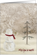 Miss You with Christmas snowman and gold star card