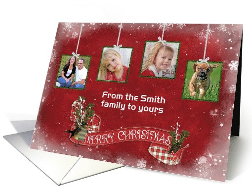 Merry Christmas family photo card with hanging tinsel frames card