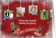 Merry Christmas family photo card with hanging tinsel frames card