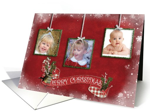 Merry Christmas family photo card with hanging tinsel frames card