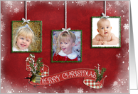 Merry Christmas family photo card with hanging tinsel frames card