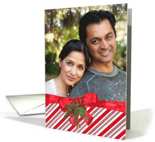 Christmas snowflake photo card with candy cane stripe and red bow card