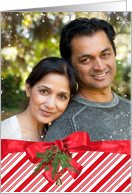 Christmas snowflake photo card with candy cane stripe and red bow card