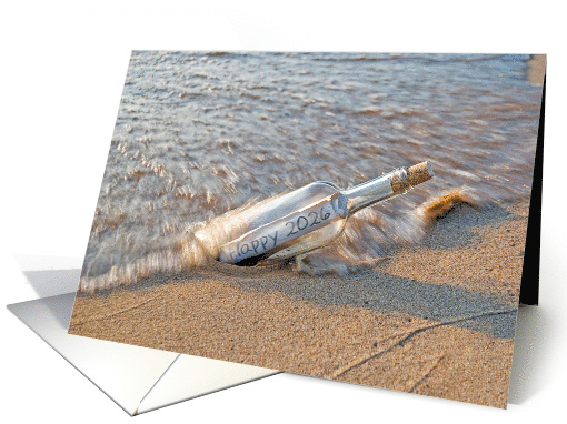 2026 New Year Missing You Message in a Bottle On the Beach card