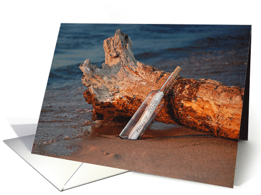 New Year 2026 Message in a Bottle On Driftwood With a Sunset Glow card