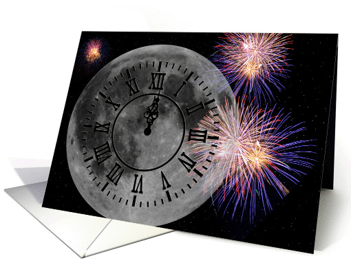 New Year's Eve clock on moon with fireworks card (1013081)