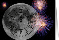 New Year’s Eve clock on moon with fireworks card