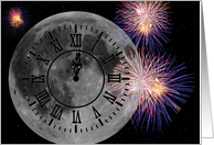 New Year’s Eve clock on moon with fireworks for Cousin card