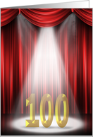 100th Birthday party invitation with spotlight and red curtains card