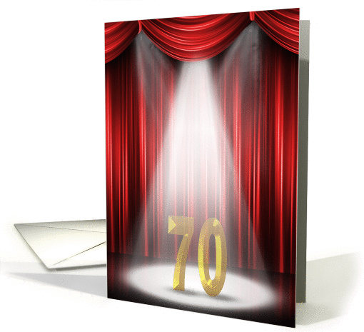 70th Birthday party invitation with spotlight and red curtains card
