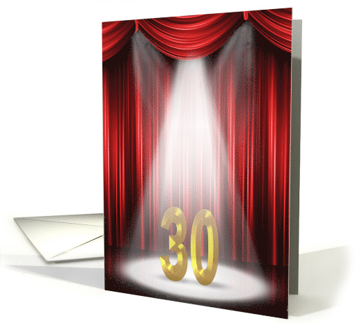 30th Birthday party invitation with spotlight and red curtains card